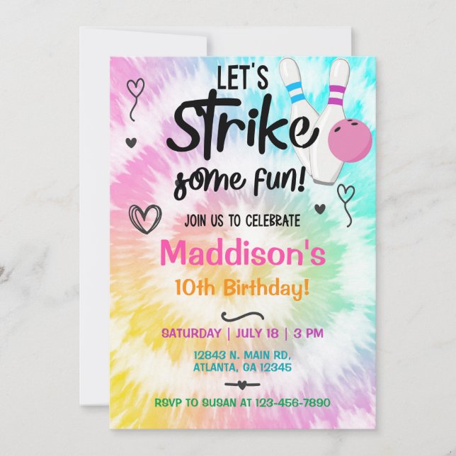TieDye bowling strike Girl Birthday invite. Invitation (Front)