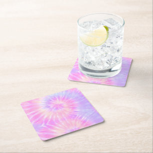 Tiedye Pastel Rainbow Spiral Hippie Tie Dye Square Paper Coaster