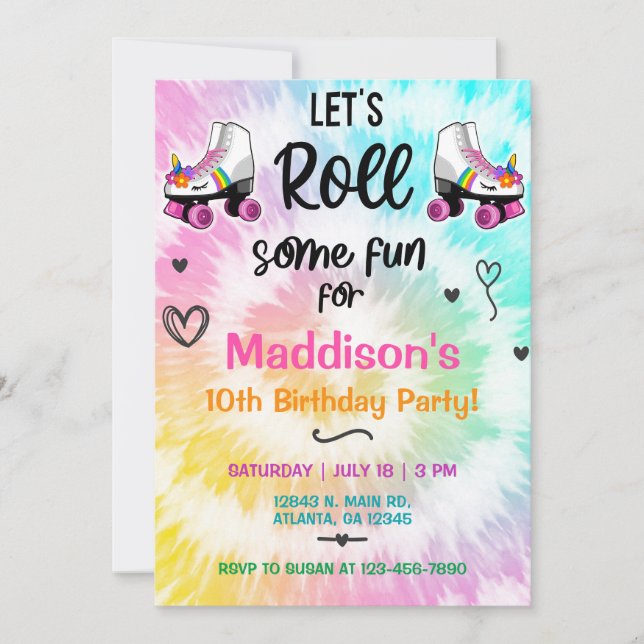 TieDye roller skating Girl Birthday invite. Invitation (Front)