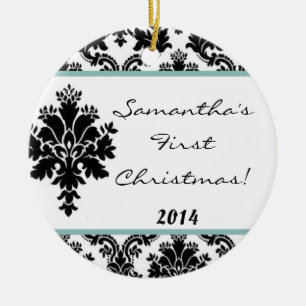 Tiff Blue Damask Lace Personalized Name Ornament