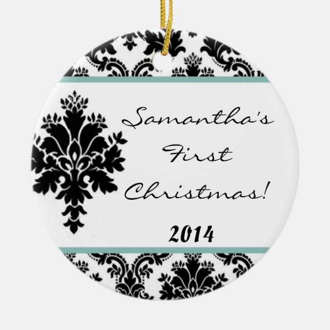 Tiff Blue Damask Lace Personalized Name Ornament (Front)