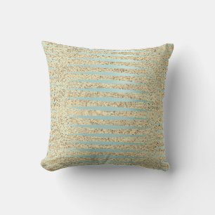 Tiffany Aqua Blue Foxier  Gold Glitter Stripes Throw Pillow