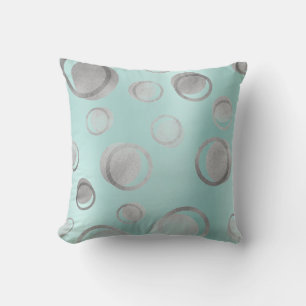 Tiffany Aqua Blue Silver Metallic Circle Dots Grey Throw Pillow