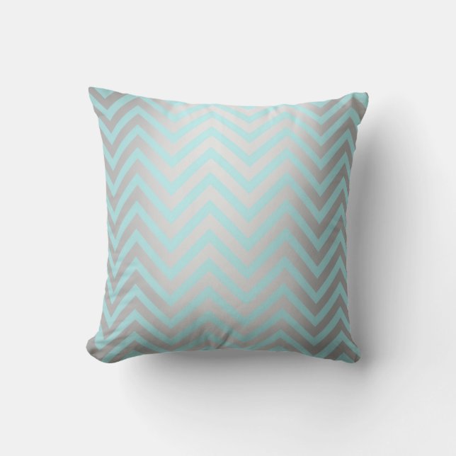 Tiffany Aqua Mint Ocean Blue Beach Chevron Silver Throw Pillow (Front)