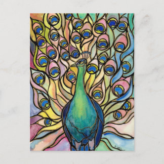 Tiffany Peacock Stained Glass style postcard