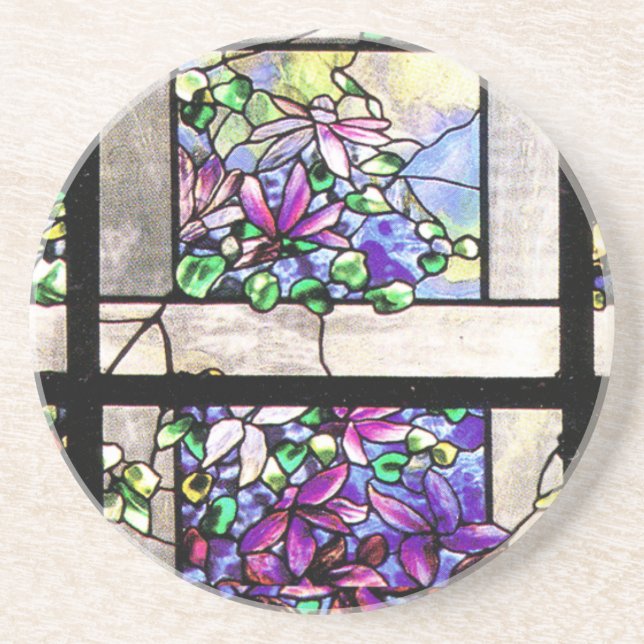 Tiffany Stained Glass Clematis Flowers Coaster (Front)