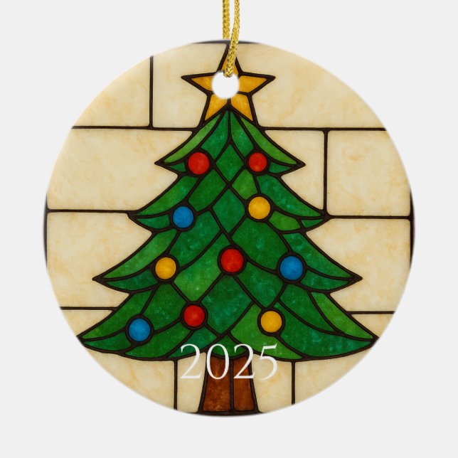 Tiffany Style Stained Glass Christmas Tree Design  Ceramic Ornament (Front)