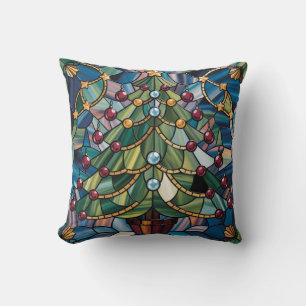 Tiffany-Style Stained Glass Christmas Tree Throw Pillow