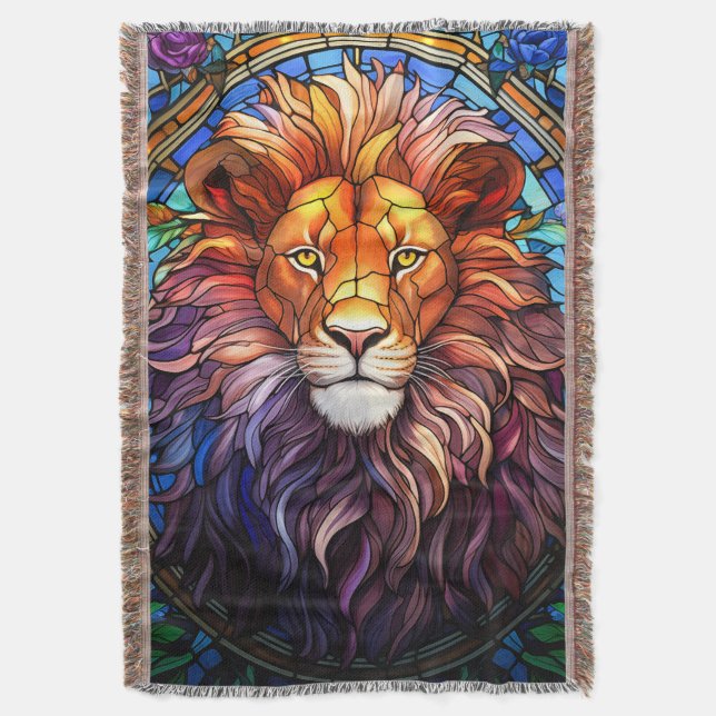Tiffany-Style Stained Glass Majestic Lion Throw Blanket (Front Vertical)
