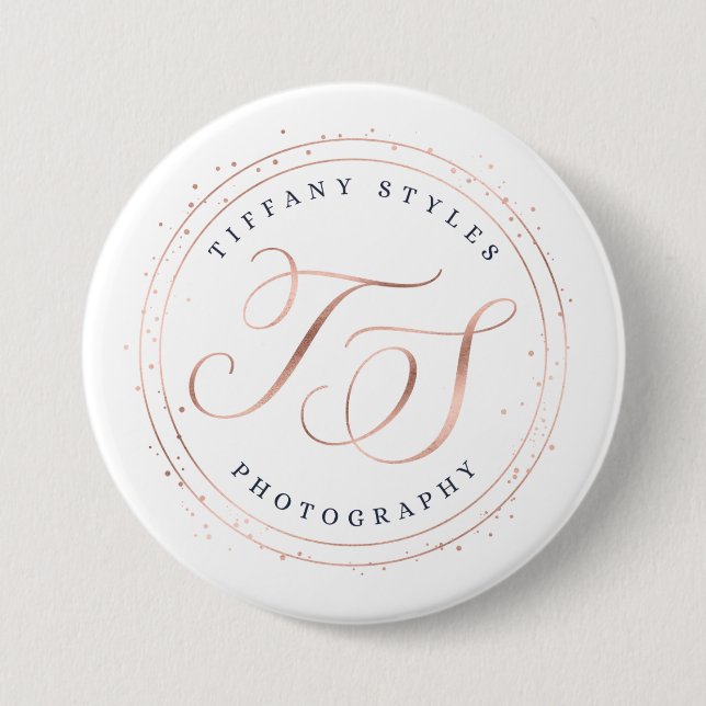 Tiffany Styles Navy Blue & Rose Gold Company Logo 3 Inch Round Button (Front)