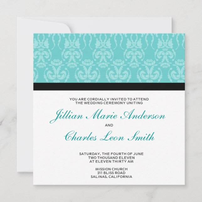 Tiffany Teal Damask Wedding Invitations (Front)