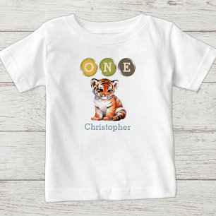 Tiger 1st Birthday one with name blue Baby T-Shirt