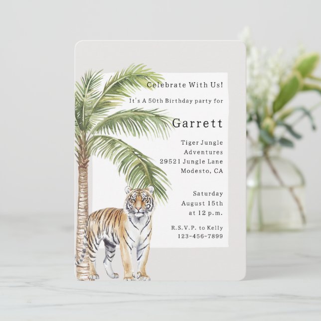 Tiger (adult) Jungle Animal Palm Tree Birthday   Invitation (Standing Front)