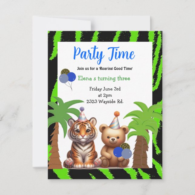 Tiger and Bear Jungle Theme Birthday Invitation (Front)