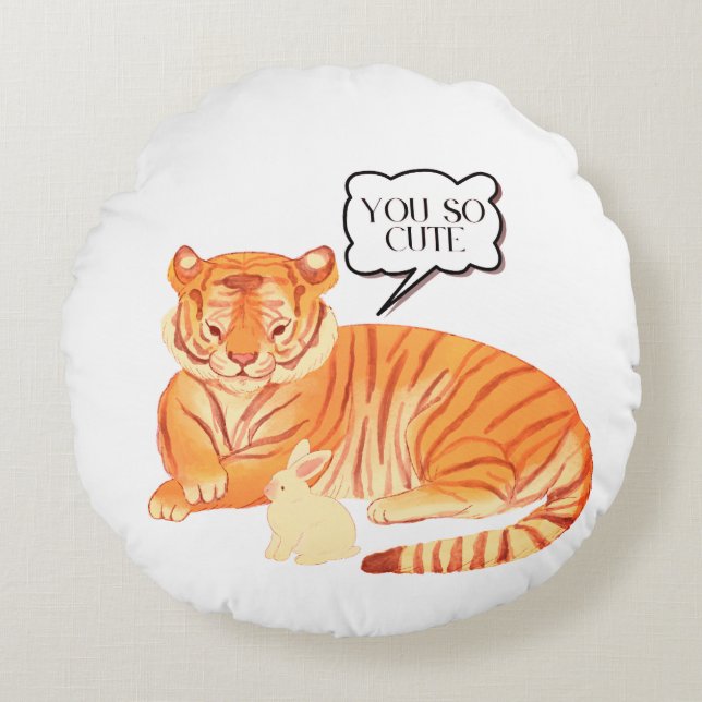  Tiger and Bunny Friendship – Cute Animal Illustra Round Pillow (Front)