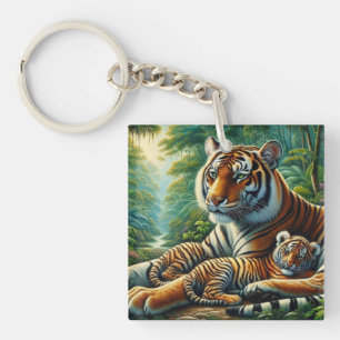Tiger and Cub in a Lush Jungle Painting Keychain