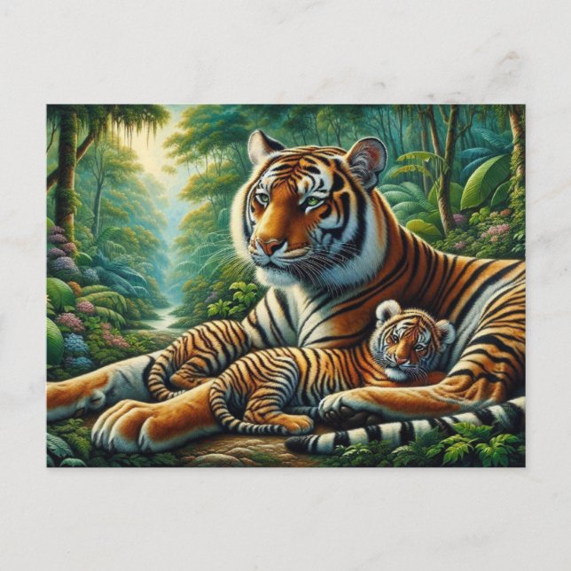 Tiger and Cub in a Lush Jungle Painting Postcard (Front)