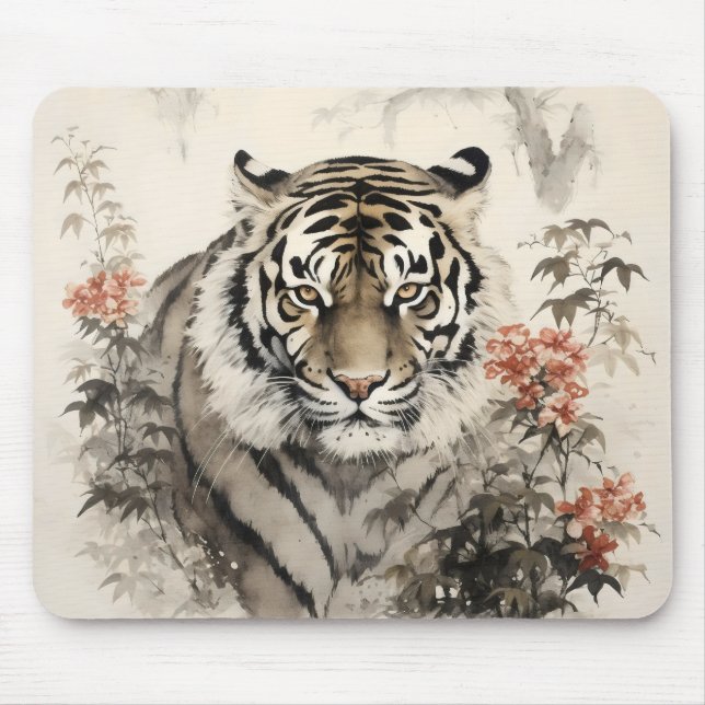 Tiger and Flowers Mouse Pad (Front)