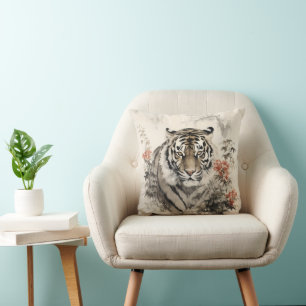 Tiger and Flowers Throw Pillow