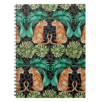 Tiger and Leaves in Watercolor Seamless Pattern Notebook