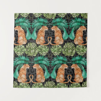 Tiger and Leaves in Watercolor Seamless Pattern Tapestry