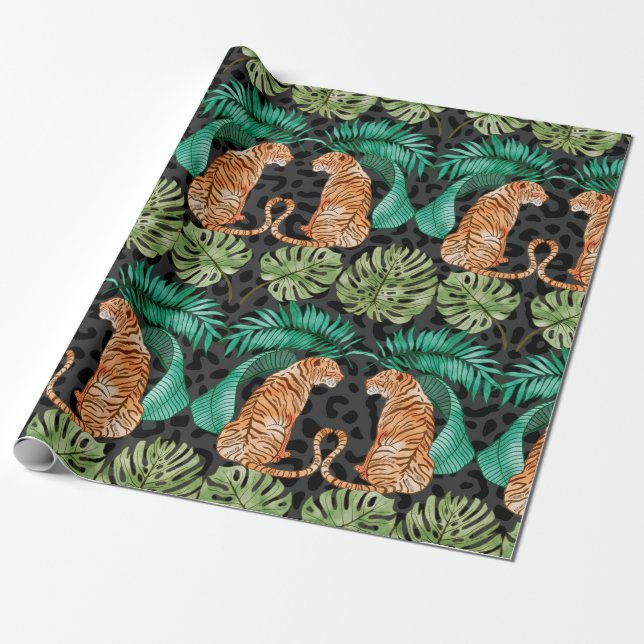Tiger and Leaves in Watercolor Seamless Pattern Wrapping Paper (Unrolled)