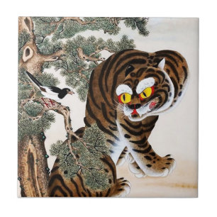 Tiger and Magpie Minhwa under Pine Tree Tile