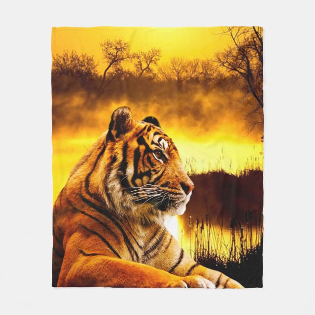 Tiger and Sunset Fleece Blanket (Front)