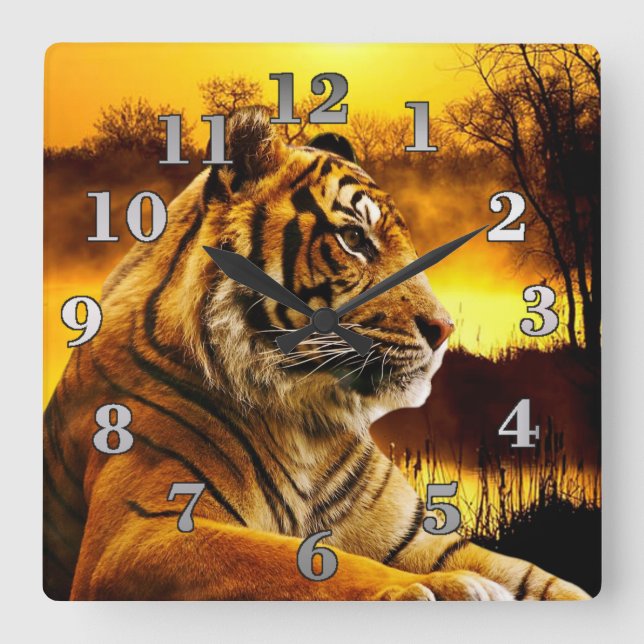 Tiger and Sunset Square Wall Clock (Front)