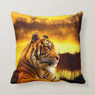 Tiger and Sunset Throw Pillow