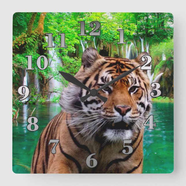 Tiger and Waterfall Square Wall Clock (Front)