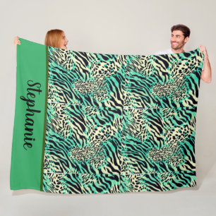 Tiger and zebra print  green  and tan animal print fleece blanket