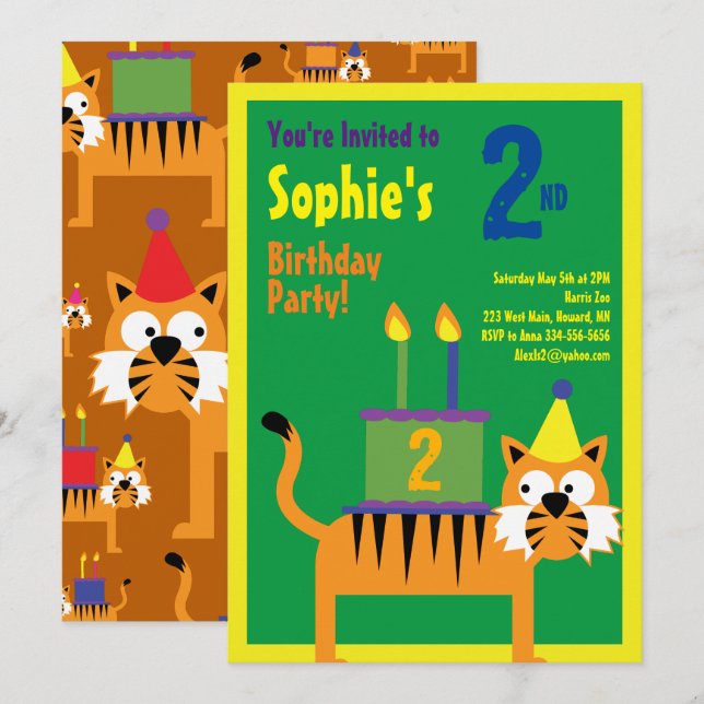 Tiger Animal Kid's Birthday Party Invitations (Front/Back)