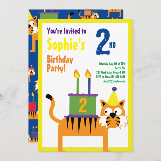 Tiger Animal Kid's Birthday Party Invitations (Front/Back)