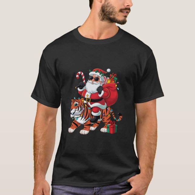 Tiger Animal Xmas Lighting Santa Riding Tiger Chri T-Shirt (Front)