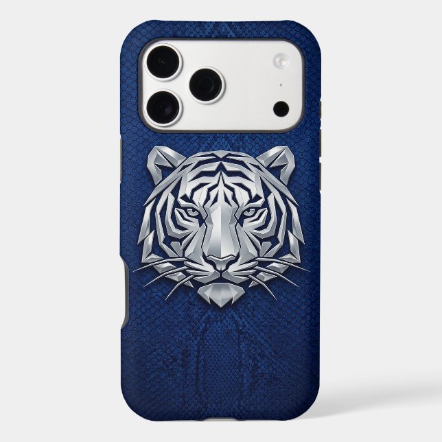 Tiger argent chrome géométrique Python bleu iPhone (Verso)