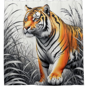 Tiger Art Colour Partial Black White Drawing