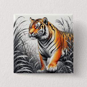 Tiger Art Colour Partial Black White Drawing 2 Inch Square Button