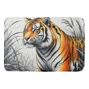 Tiger Art Colour Partial Black White Drawing Bath Mat
