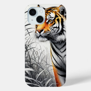 Tiger Art Colour Partial Black White Drawing iPhone 15 Case