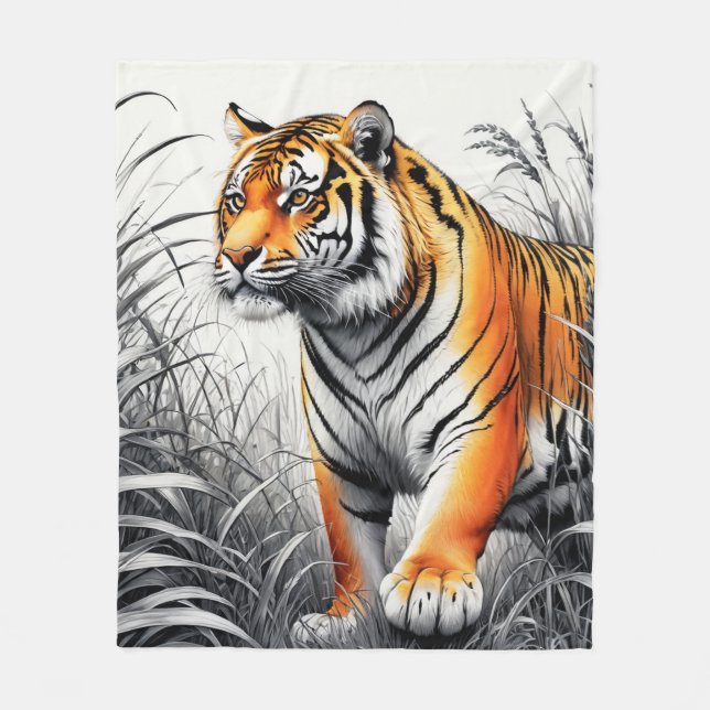 Tiger Art Colour Partial Black White Drawing Fleece Blanket (Front)