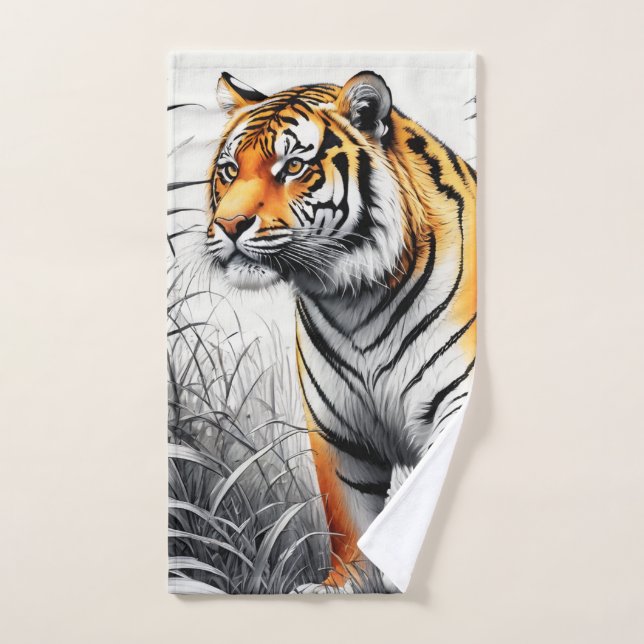 Tiger Art Colour Partial Black White Drawing Hand Towel (Hand Towel)
