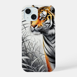 Tiger Art Colour Partial Black White Drawing iPhone 15 Case