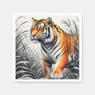 Tiger Art Colour Partial Black White Drawing Napkin