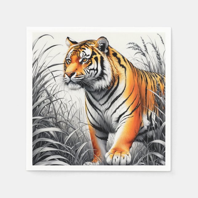 Tiger Art Colour Partial Black White Drawing Napkin (Front)