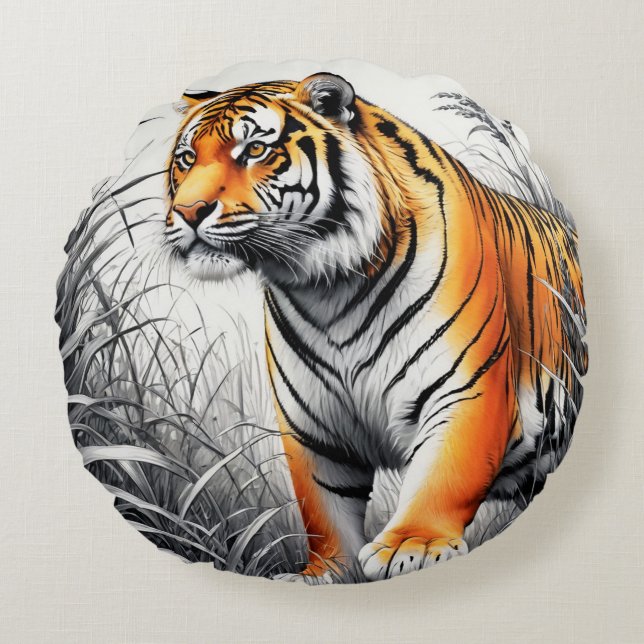 Tiger Art Colour Partial Black White Drawing Round Pillow (Front)