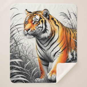 Tiger Art Colour Partial Black White Drawing Sherpa Blanket