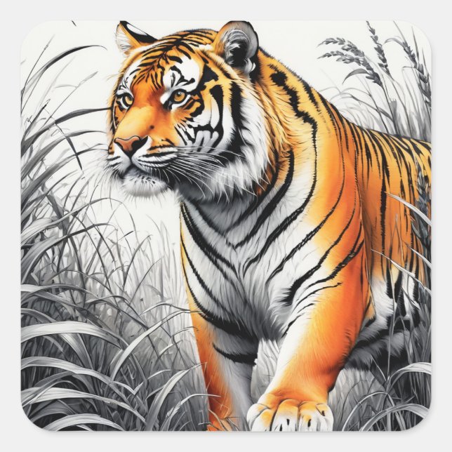 Tiger Art Colour Partial Black White Drawing Square Sticker (Front)