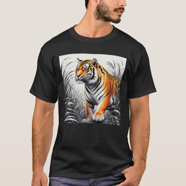 Tiger Art Colour Partial Black White Drawing T-Shirt (Front)