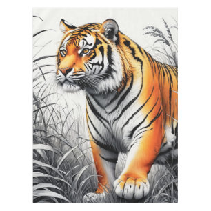 Tiger Art Colour Partial Black White Drawing Tablecloth
